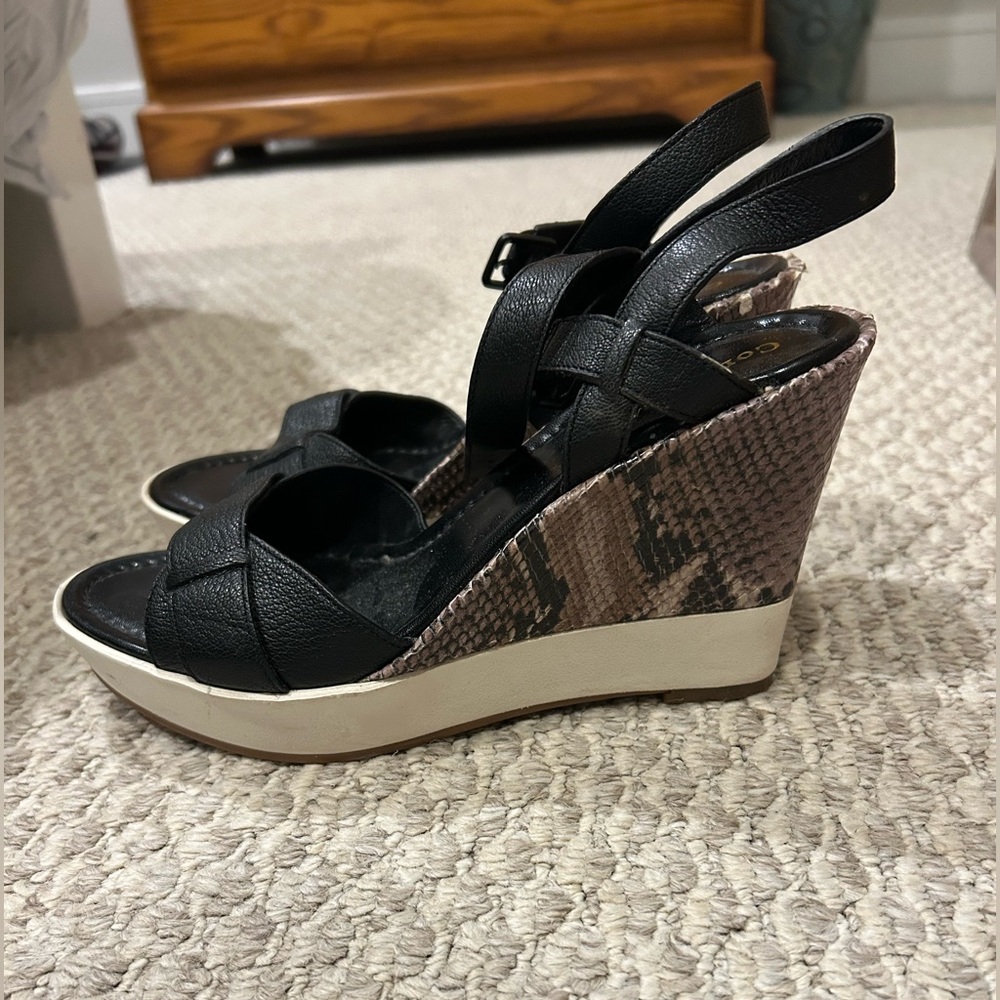 Cole Haan Black Wedge Sandals with Snake Print Detail